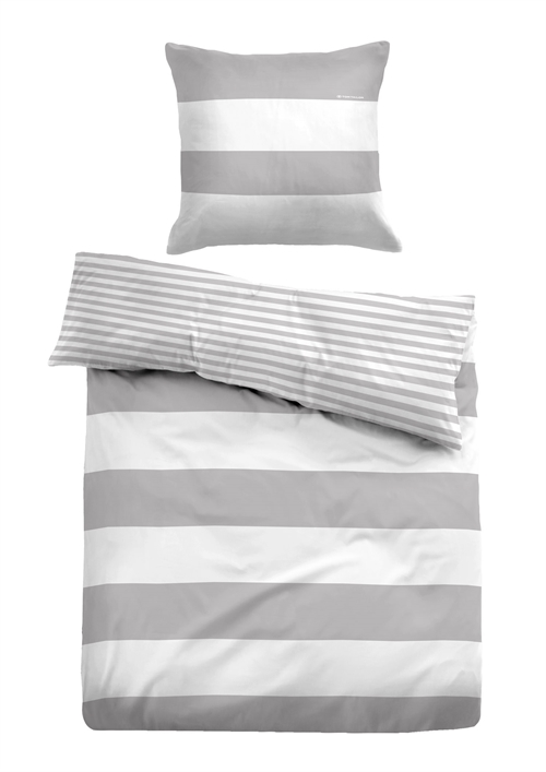 Se Grå stribet sengetøj 150x210 cm - Sengelinned i 100% bomuld - Grå og hvidt - Vendbart design - Tom Tailor hos Dynezonen.dk