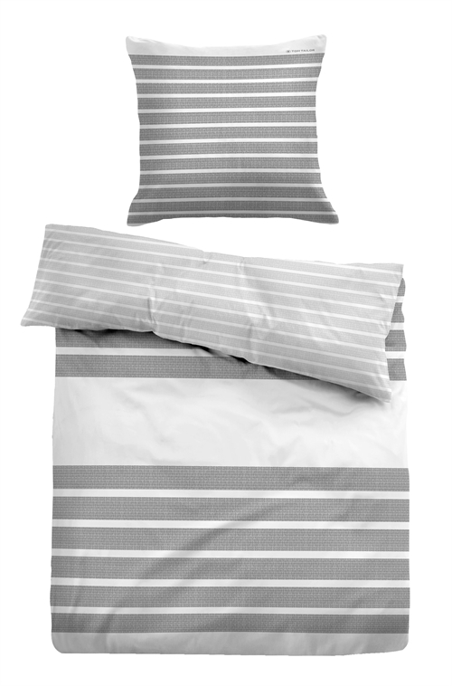 Se Grå stribet sengetøj 150x210 cm - Blødt bomuldssatin - Grå og hvidt sengesæt - Vendbart design - Tom Tailor hos Dynezonen.dk