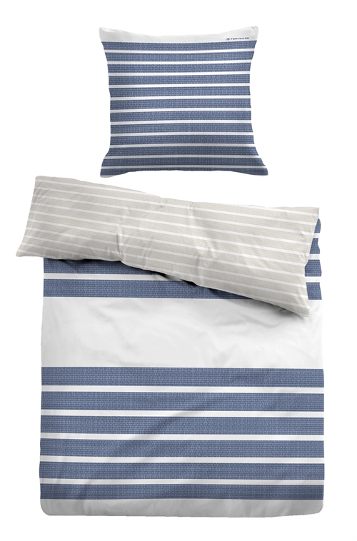Billede af Blå stribet sengetøj 140x220 cm - Blødt bomuldssatin - Blå og hvidt sengesæt - Vendbart design - Tom Tailor