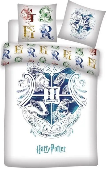 9: Harry Potter sengetøj - 140x200 cm - Blåt Hogwarts våbenskjold - Vendbar dynebetræk - 100% bomulds sengesæt