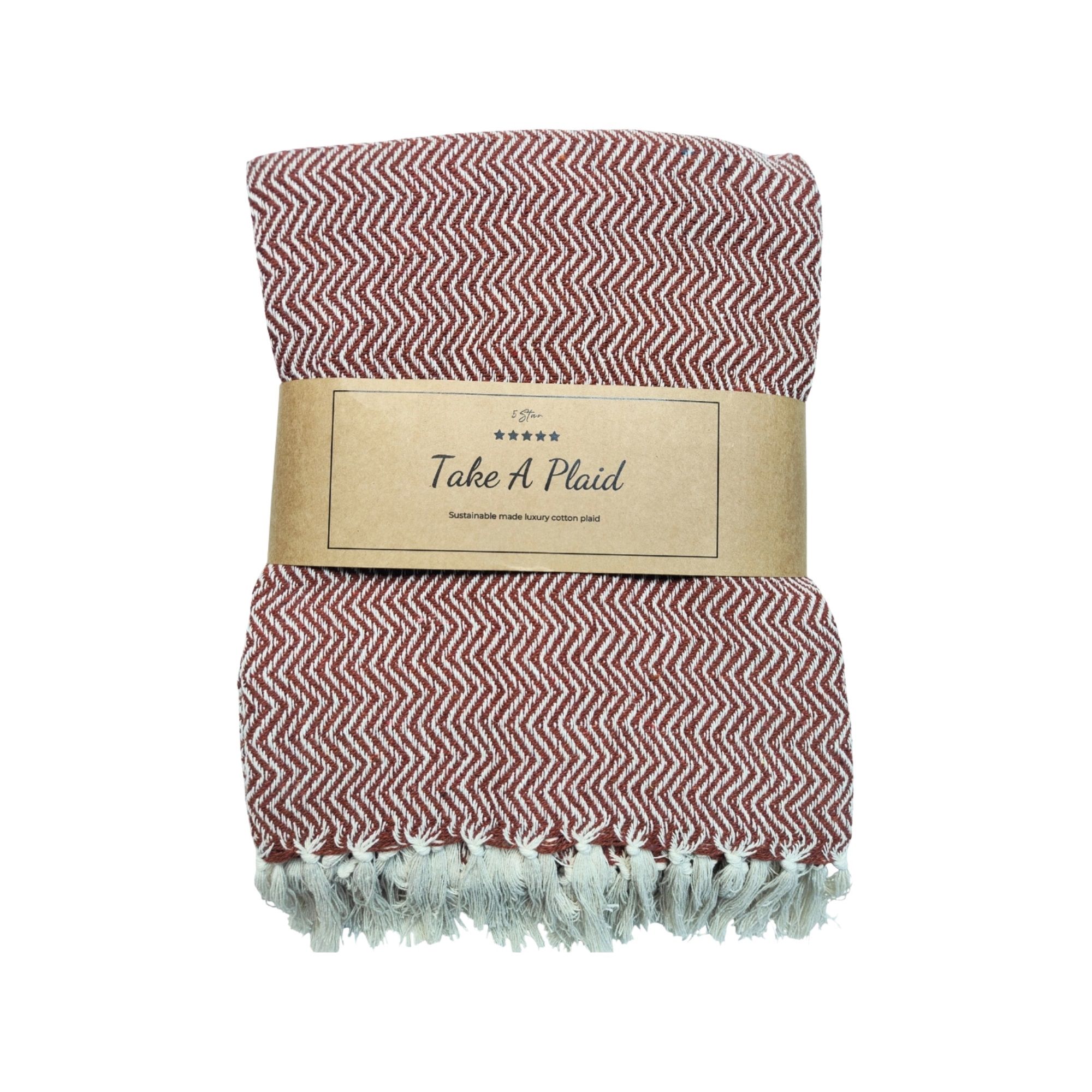 Bomulds plaid - 100% recycled bomuld - 130x180 cm - Hvid med rødt zig zag mønster