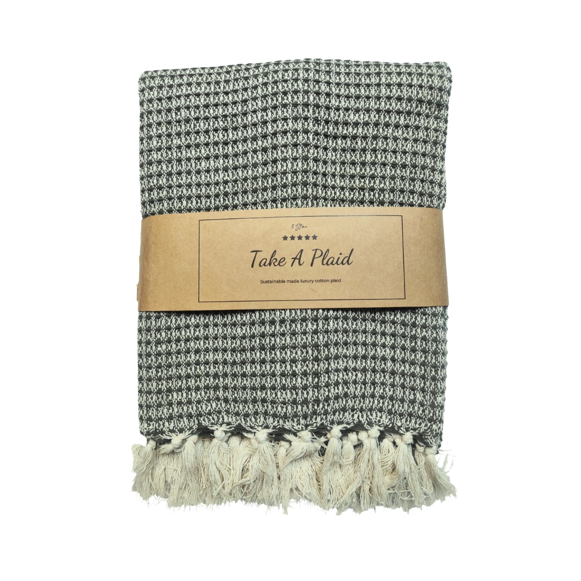 Bomulds plaid - 100% recycled bomuld - 130x180 cm - Hvid med grøn mønster