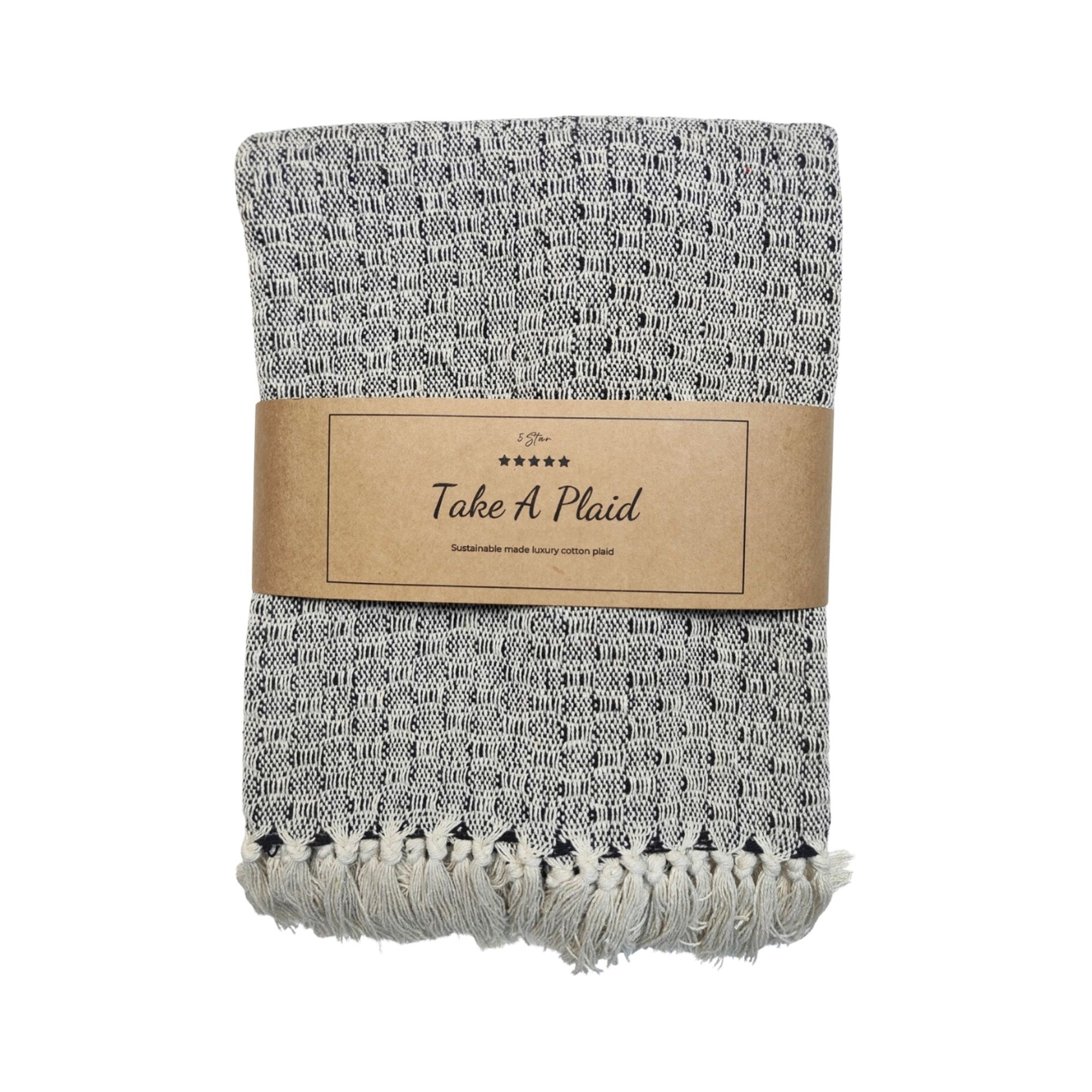 Bomulds plaid - 100% recycled bomuld - 130x180 cm - Hvid med sort mønster