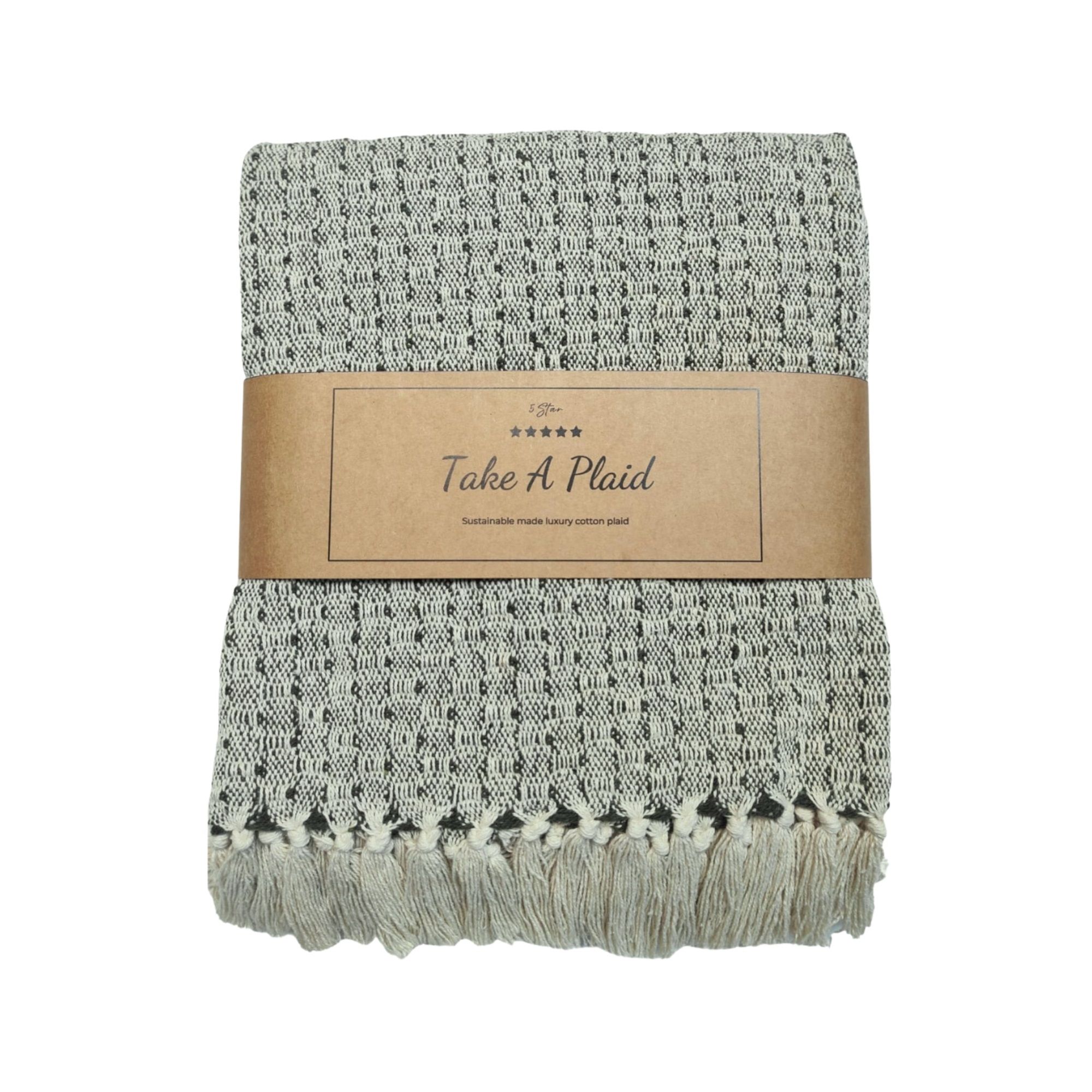 Bomulds plaid - 100% recycled bomuld - 130x180 cm - Hvid med grøn mønster