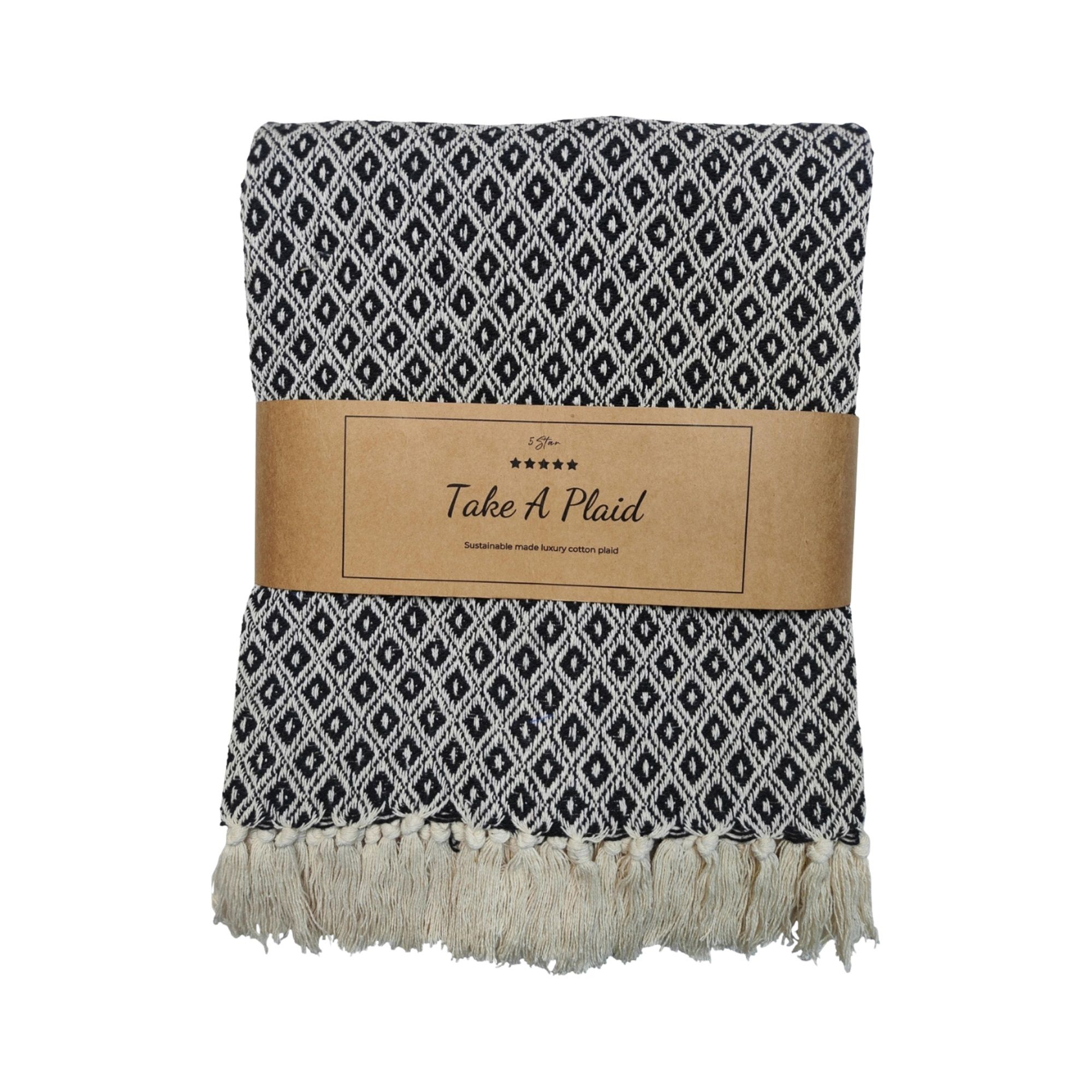 Bomulds plaid - 100% recycled bomuld - 130x180 cm - Hvid med sort mønster