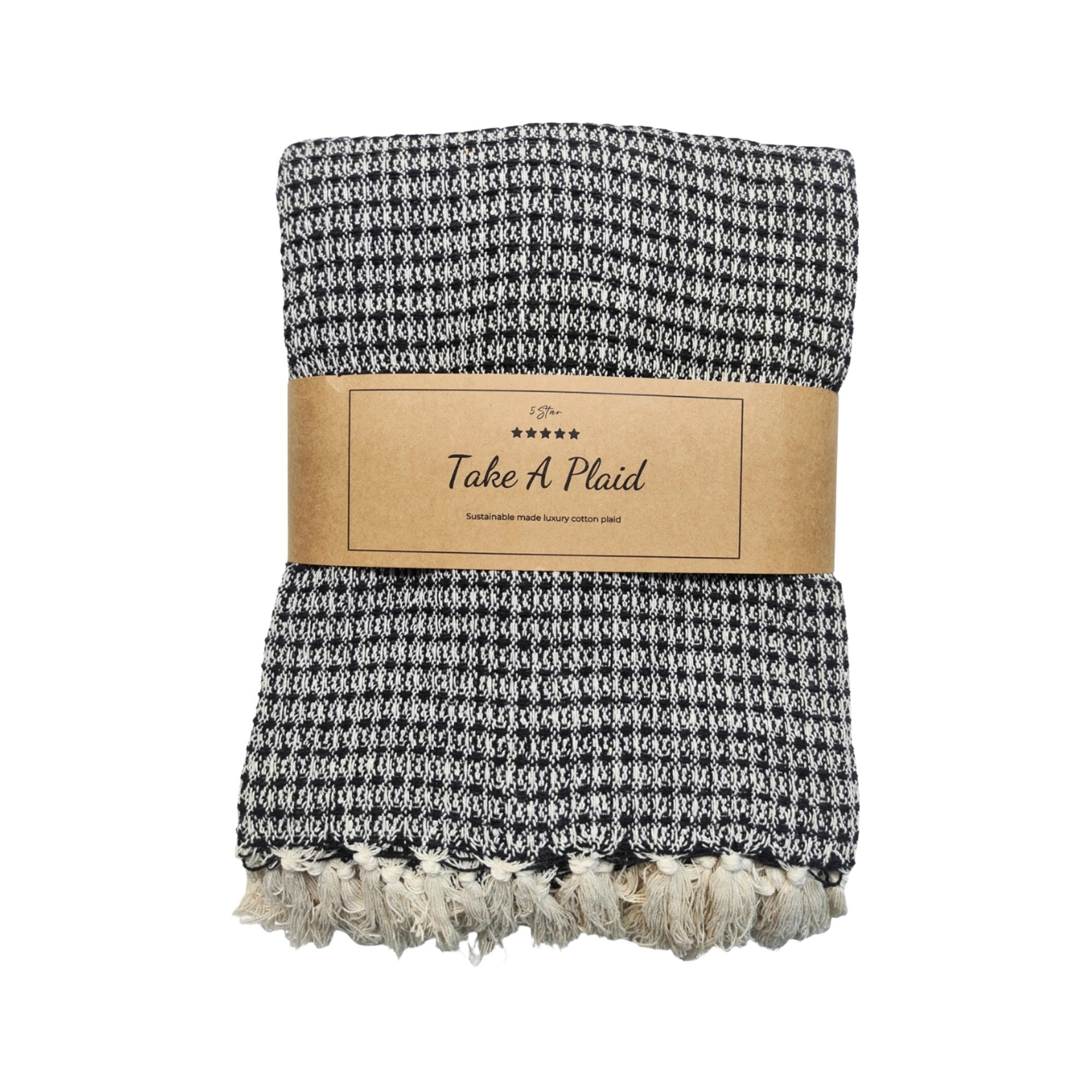 Bomulds plaid - 100% recycled bomuld - 130x180 cm - Hvid med sort mønster