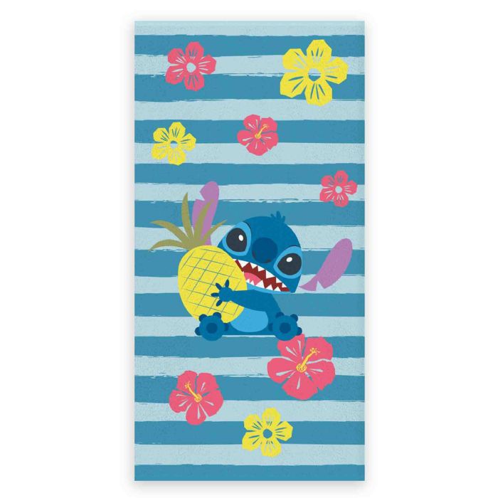 Stitch håndklæde - 70x140 cm - 100% bomuld - Blødt badehåndklæde med Stitch, ananas og blomster