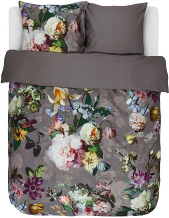 Blomstret sengetøj 200x220 cm - Gråt sengetøj - Fleur Taupe - Sengetøj dobbeltdyne - 2 i 1 design - 100% Bomuldssatin - Essenza