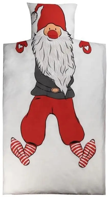 Jule sengetøj - 140x220 cm - Sengesæt med julenisse - Dynebetræk med 2 design - 100% bomuld