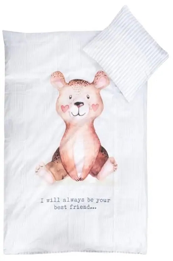Billede af Baby sengetøj 70x100 cm - blå stribet med bjørn - 2 i 1 design - 100% Bomuld