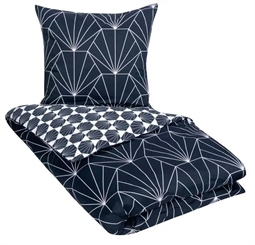 Kingsize sengetøj 240x220 cm - Hexagon - mørkeblå - 2 i 1 design - 100% Bomuldssatin 