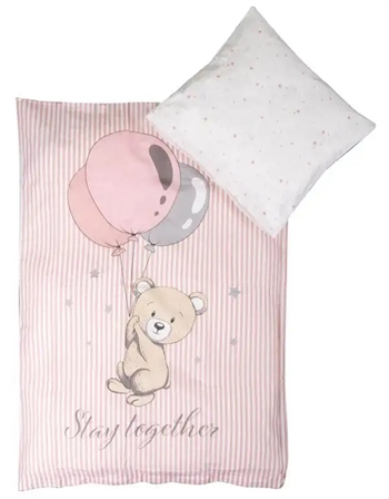 Billede af Baby sengetøj 70x100 cm - Bamse med balloner - 2 i 1 design - 100% Bomuld