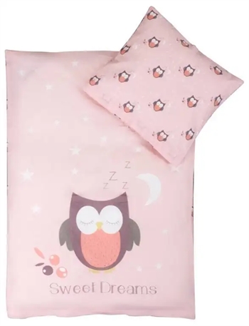 Billede af Baby sengetøj 70x100 cm - Ugle lyserød - 100% Bomuld