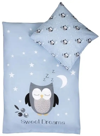 Billede af Baby sengetøj 70x100 cm - Lyseblå ugle - 2 i 1 design - 100% Bomulds sengetøj - By Night
