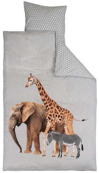 Billede af Baby sengetøj 70x100 cm - Giraf, elefant og zebra - 2 i 1 design - 100% Bomuld