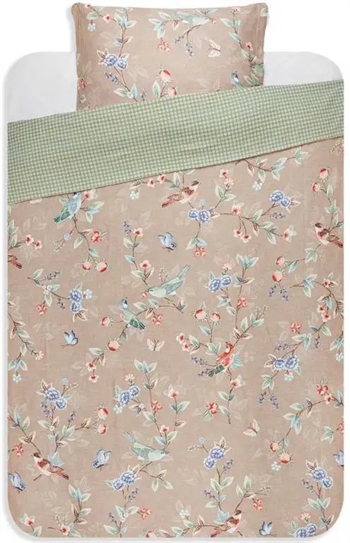 15: Pip studio sengetøj - 140x200 cm - Birdy Khaki - Blomstret sengetøj med 2 i 1 - 100% Bomuldsflonel sengesæt