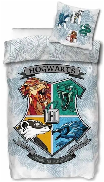 Billede af Harry Potter sengetøj - 140x200 cm - Sengesæt med logo af Hogwarts - 2 i 1 -  Dynebetræk i 100% bomuld