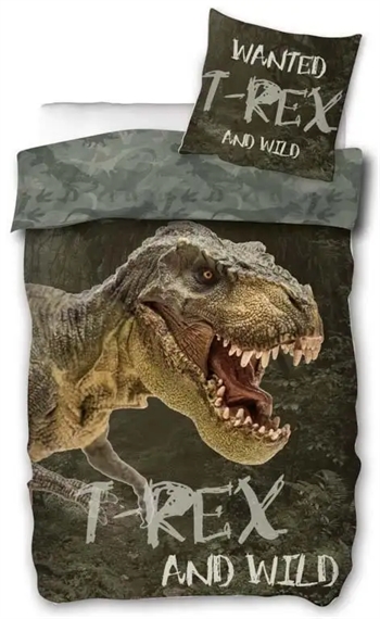 Sengetøj 140x200 cm - T-rex dinosaur sengetøj - 2 i 1 design - Sengetøj børn i 100% bomuld