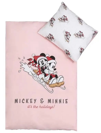 Jule sengetøj til baby 70x100 cm  - Mickey og Minnie - Julemotiv Rosa - 100% bomuld