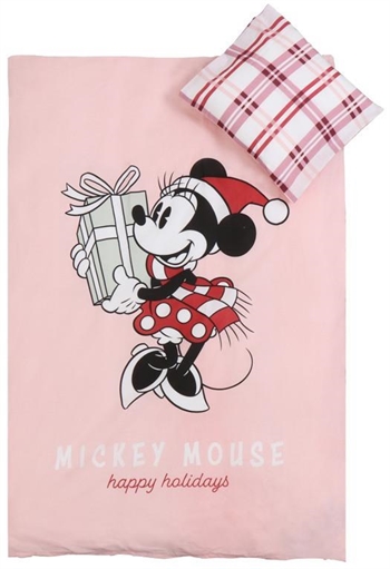 12: Jule sengetøj junior - 100x140cm - Minnie Mouse - Julemotiv Rosa- 100% bomuld