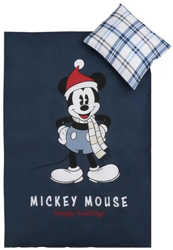 12: Jule sengetøj junior - 100x140cm - Mickey Mouse - Julemotiv Blå - 100% bomuld