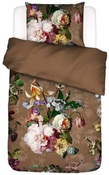 Flonel sengetøj - 140x220 cm - Blomstret sengetøj - Fleurel leather brown - Vendbart sengesæt - Essenza sengetøj