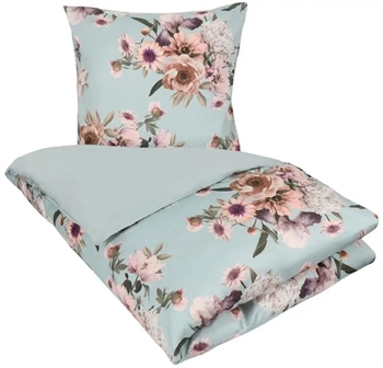 Blomstret sengetøj - 140x200 cm - Blue flower - 2 i 1 design - Sengesæt i 100% Bomuldssatin - Excellent By Borg
