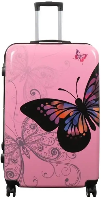Billede af Stor kuffert - Hardcase kuffert med motiv - Sommerfugl lyserød - Eksklusiv letvægt kuffert