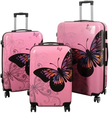12: Kuffertsæt - 3 Stk. - Kuffert med motiv - Sommerfugl lyserød - Hardcase letvægt kuffert med 4 hjul