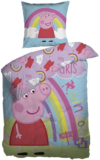 Økologisk Gurli gris sengetøj 140x200 cm - Gurli gris og regnbuen - Børnesengetøj - Vendbart sengesæt i 100% økologisk bomuld