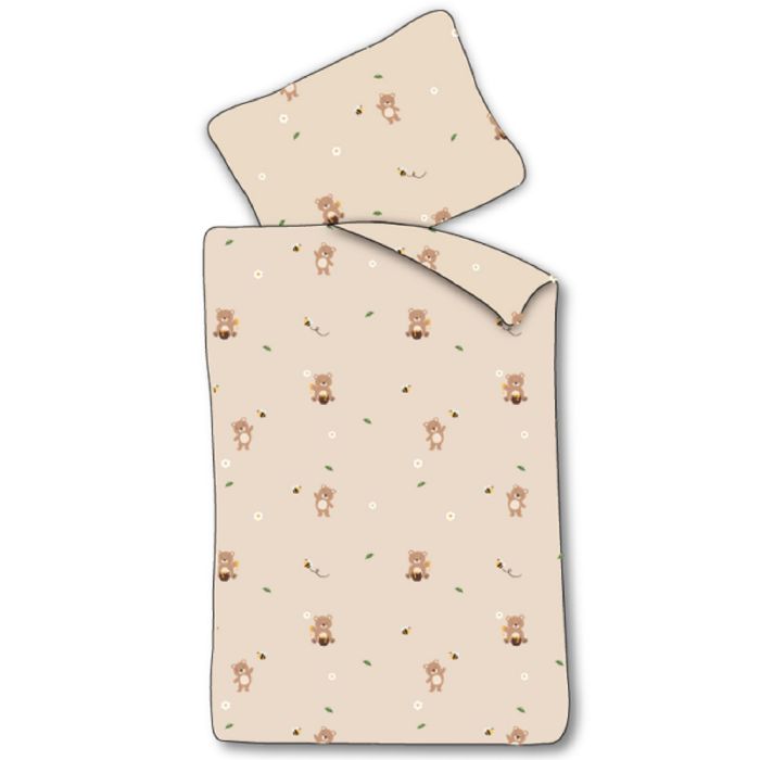 Baby sengetøj 70x100 cm - Beige sengesæt med små bamser - 100% blødt bomulds sengelinned
