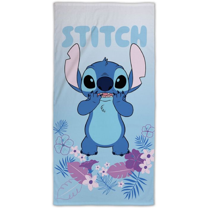 Stitch håndklæde - 70x140 cm - 100% bomuld - Blødt badehåndklæde med Stitch og blomster