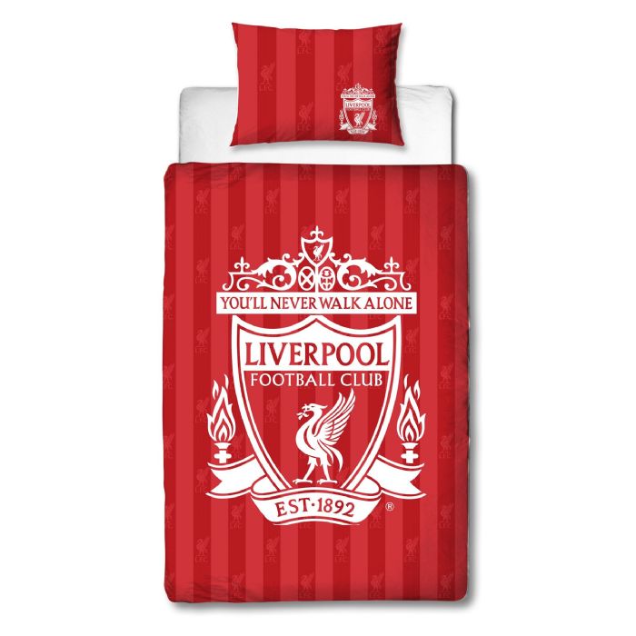 Liverpool sengetøj - Rødt vendbart sengesæt med logo - 140x200 cm - 100% bomulds sengelinned - Fodbold sengetøj