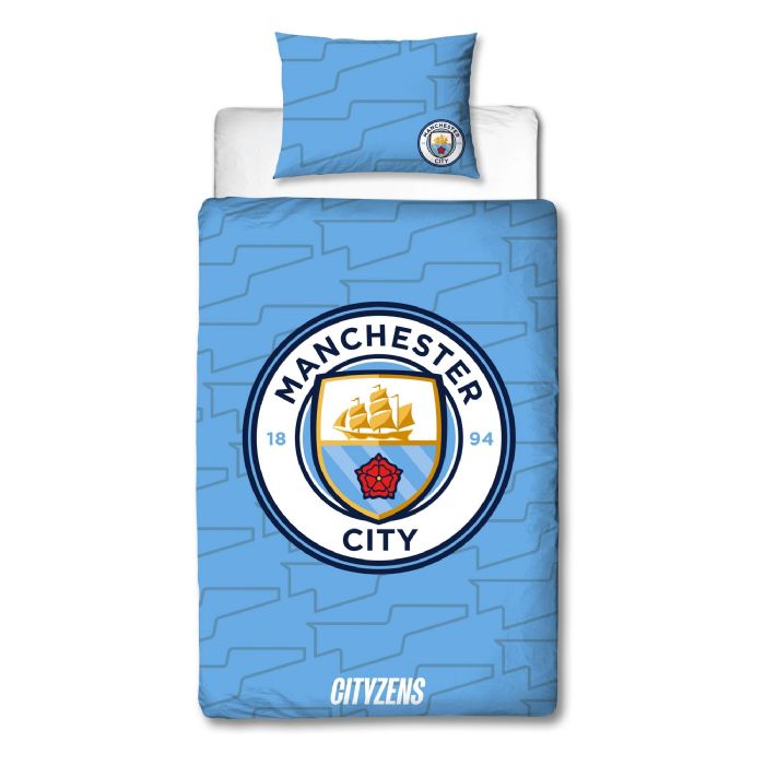 Manchester City sengetøj - Blåt vendbart sengesæt med logo - 140x200 cm - 100% bomulds sengelinned - Fodbold sengetøj