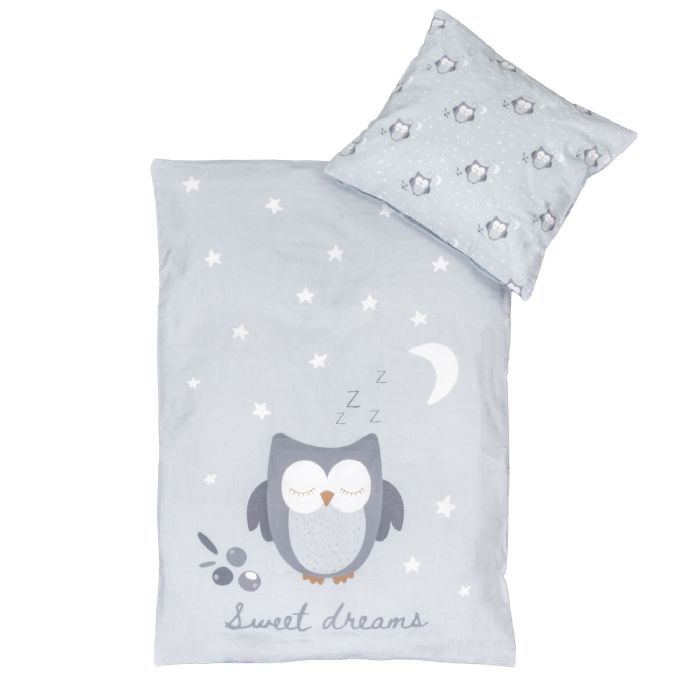 Ugle sengetøj 70x100 cm - Blåt baby sengesæt med sovende ugle - Vendbart motiv - 100% bomulds sengelinned - Nordstrand Home
