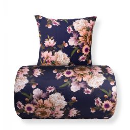Sengetøj - Bomuldssatin - Vendbart mørkeblåt blomster sengetøj