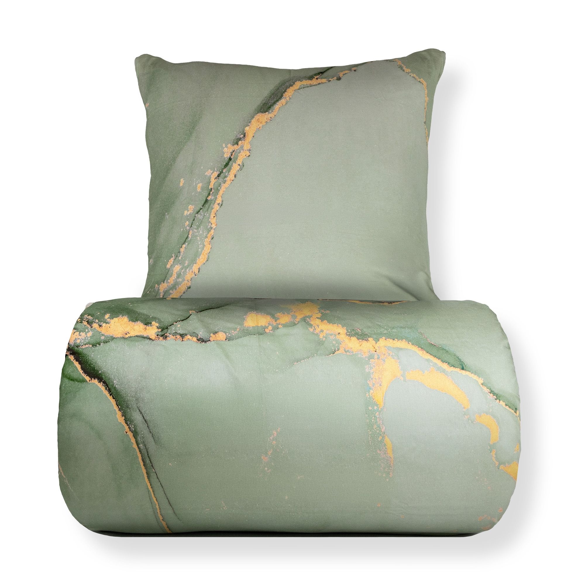 Sengetøj - 100% Bomuldssatin - Vendbart støvet grønt marmoreret design