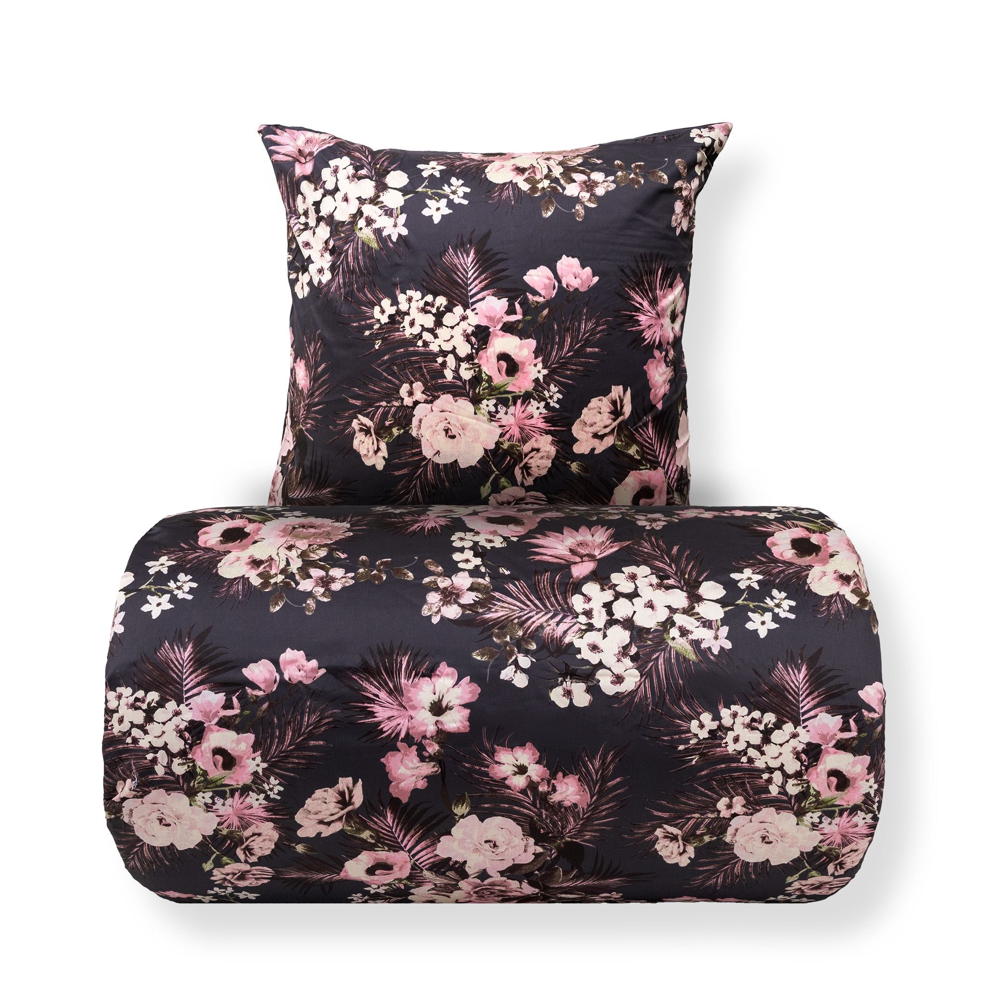 Sengetøj - Bomuldssatin - Vendbart gråt blomster print og prikker