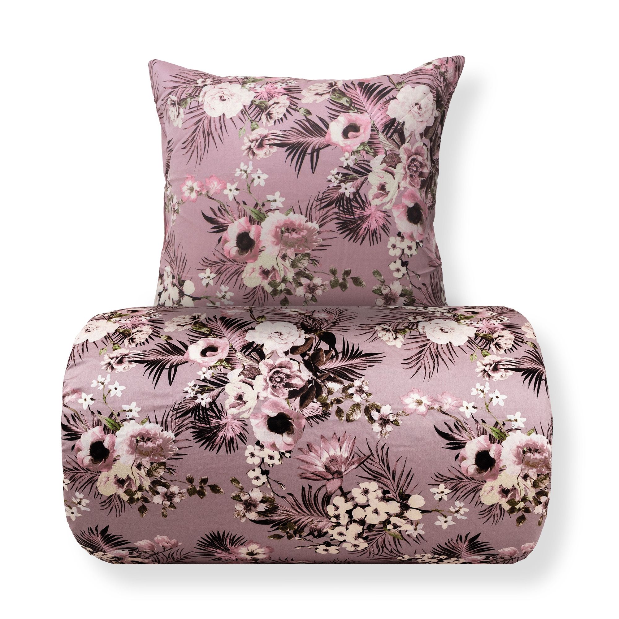 Sengetøj - Bomuldssatin - Vendbart lavendel blomster print og prikker