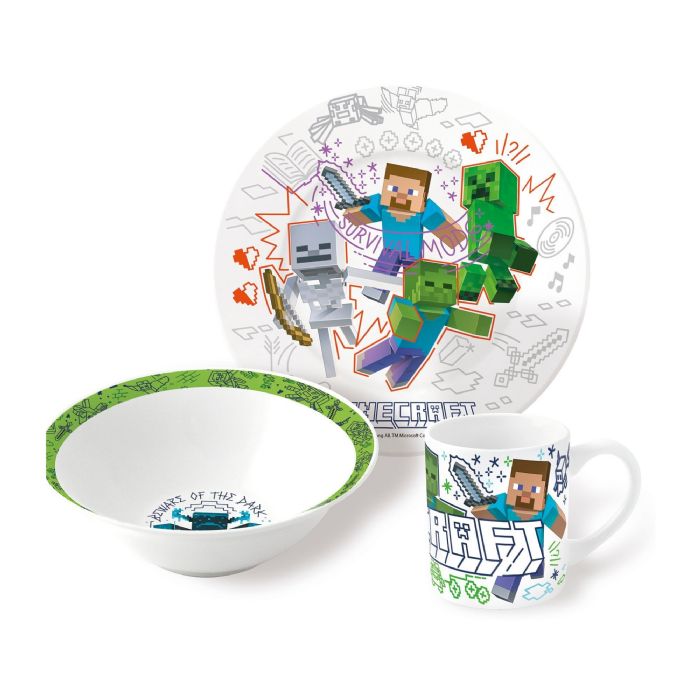 Minecraft børneservice i keramik - Spisesæt i 3 dele til børn - Survival mode - Keramik servicesæt