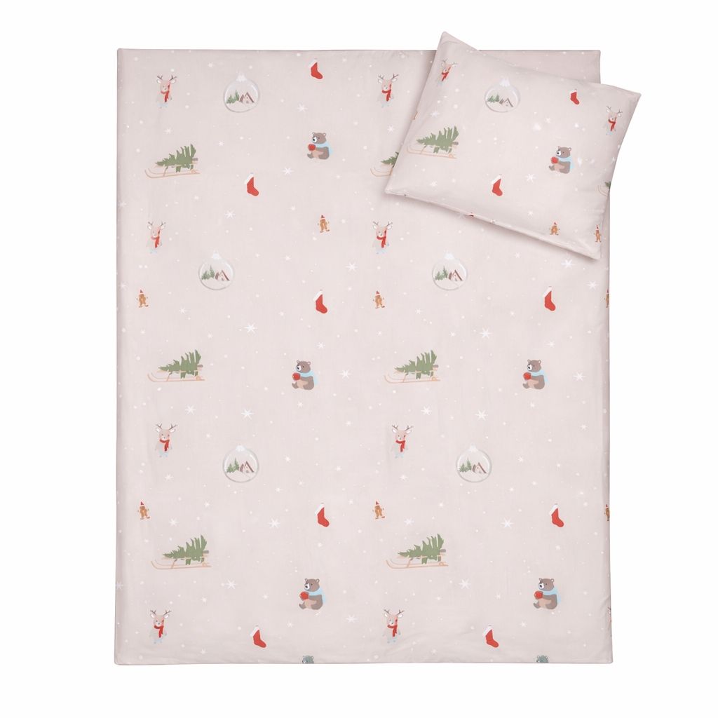Julesengetøj - 100% bomuld - Junior sengetøj 100x140 cm - Beige med juleikoner