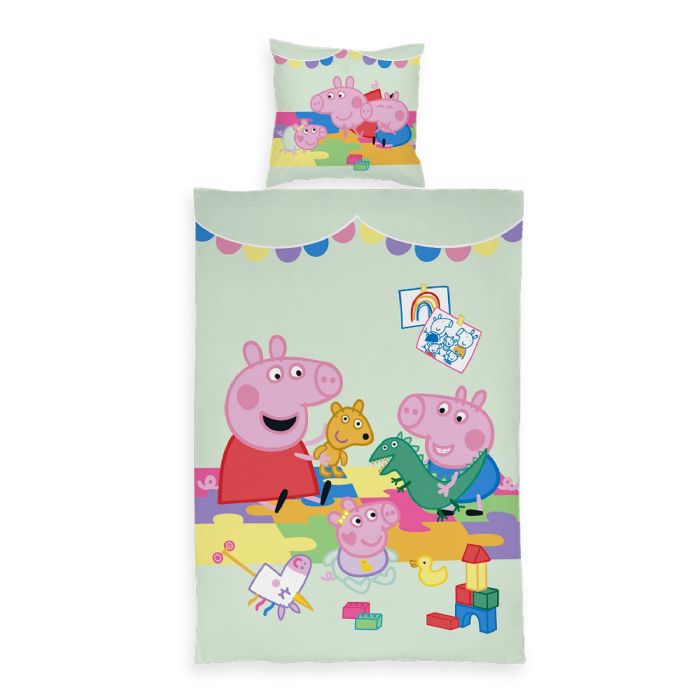 Junior sengetøj 100x140 cm - Vendbart sengesæt med Gurli Gris' familie - Family Fun - 100% bomulds sengelinned