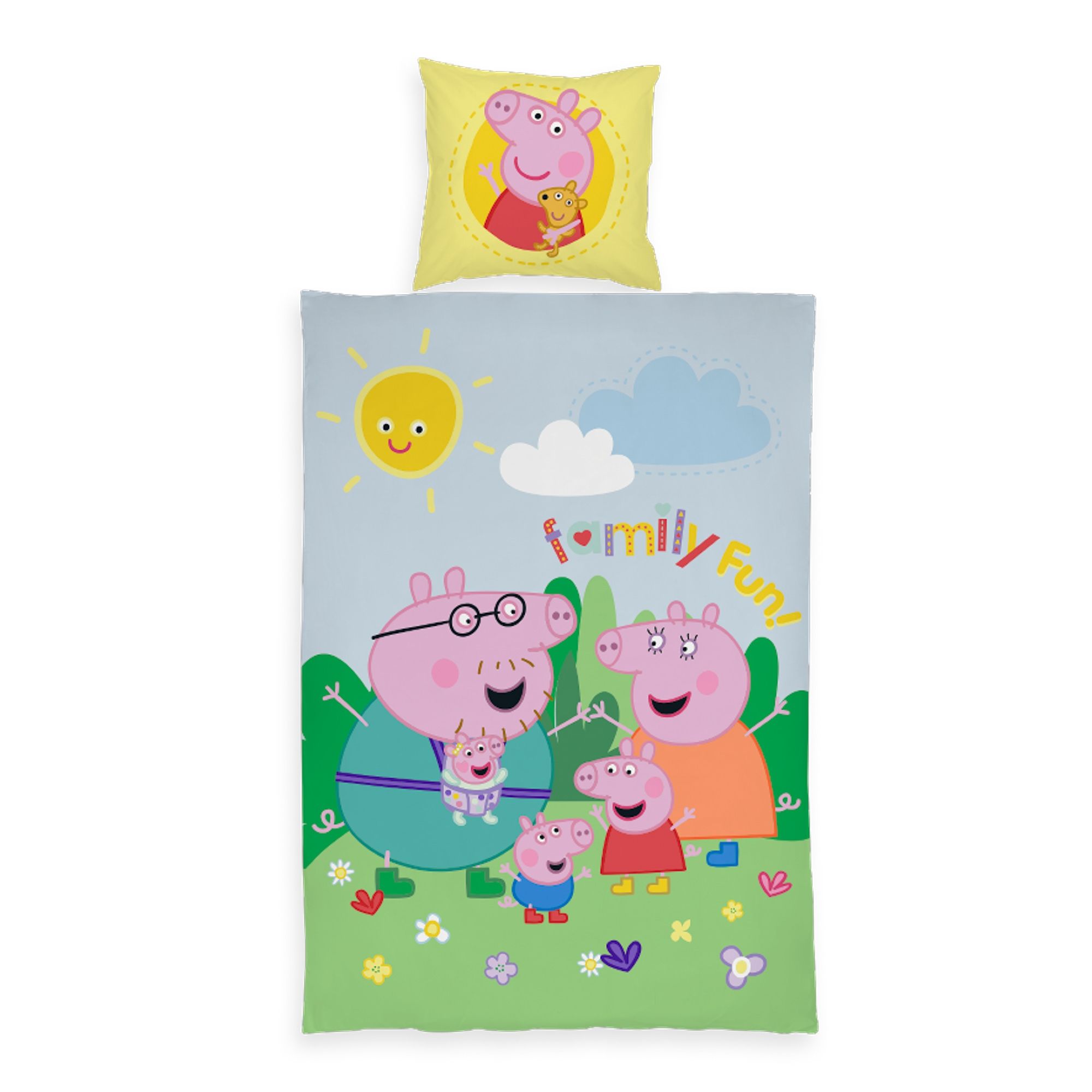 Junior sengetøj 100x140 cm - Vendbart sengesæt med Gurli Gris, Gustav Gris og Evie Gris - 100% bomulds sengelinned