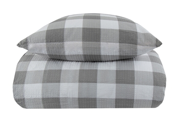 Se King size sengetøj 240x220 cm - Bæk og bølge sengetøj i ternet grå - Check grey - By Night dobbelt dynebetræk i krepp hos Dynezonen.dk