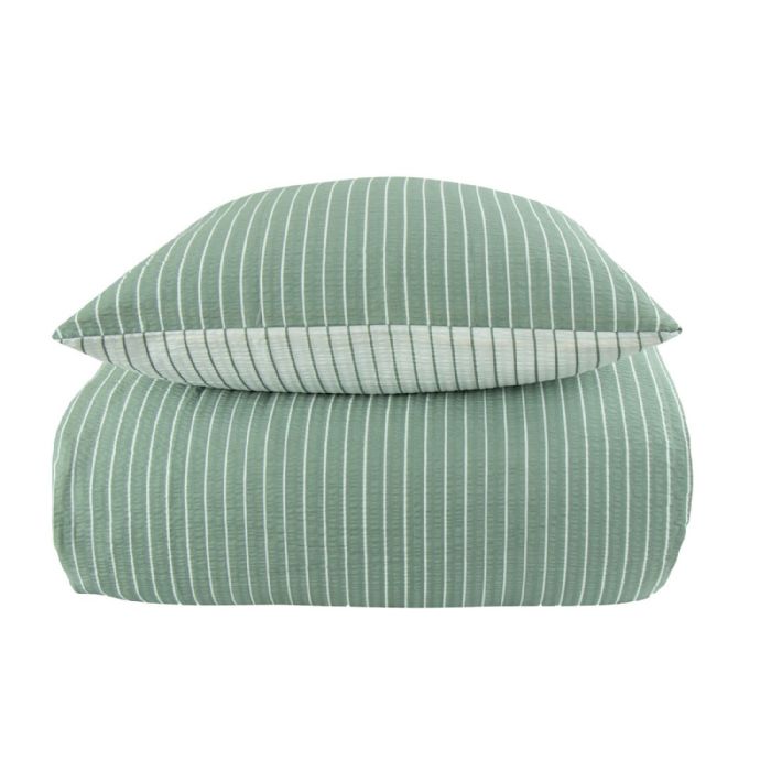 Billede af Bæk og Bølge sengetøj - 140x220 cm - Grønt & hvidt stribet sengetøj i krepp - 2 i 1 design - By Night sengesæt