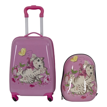 9: Børnekuffert - Kabinekuffert på hjul med rygsæk - Pink med motiv af en killing - Rejsesæt til børn