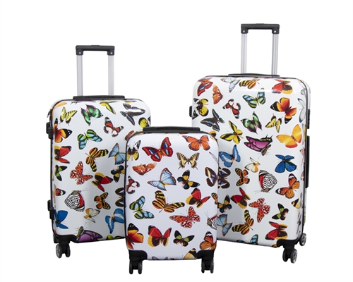 Billede af Kuffertsæt - 3 Stk. - Kuffert med motiv - Hvid med sommerfugle print - Hardcase letvægt kuffert med 4 hjul