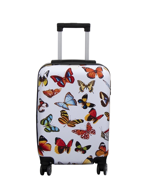 Kabine kuffert - Hardcase letvægt kuffert - Trolley med motiv - Hvid med sommerfugle print