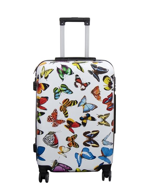 Billede af Kuffert - Hardcase kuffert - Str. Medium - Kuffert med motiv - Hvid med sommerfugle print - Eksklusiv letvægt rejsekuffert