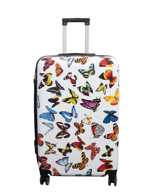 Billede af Stor kuffert - Hardcase kuffert med motiv - Hvid med sommerfugle print - Eksklusiv letvægt kuffert